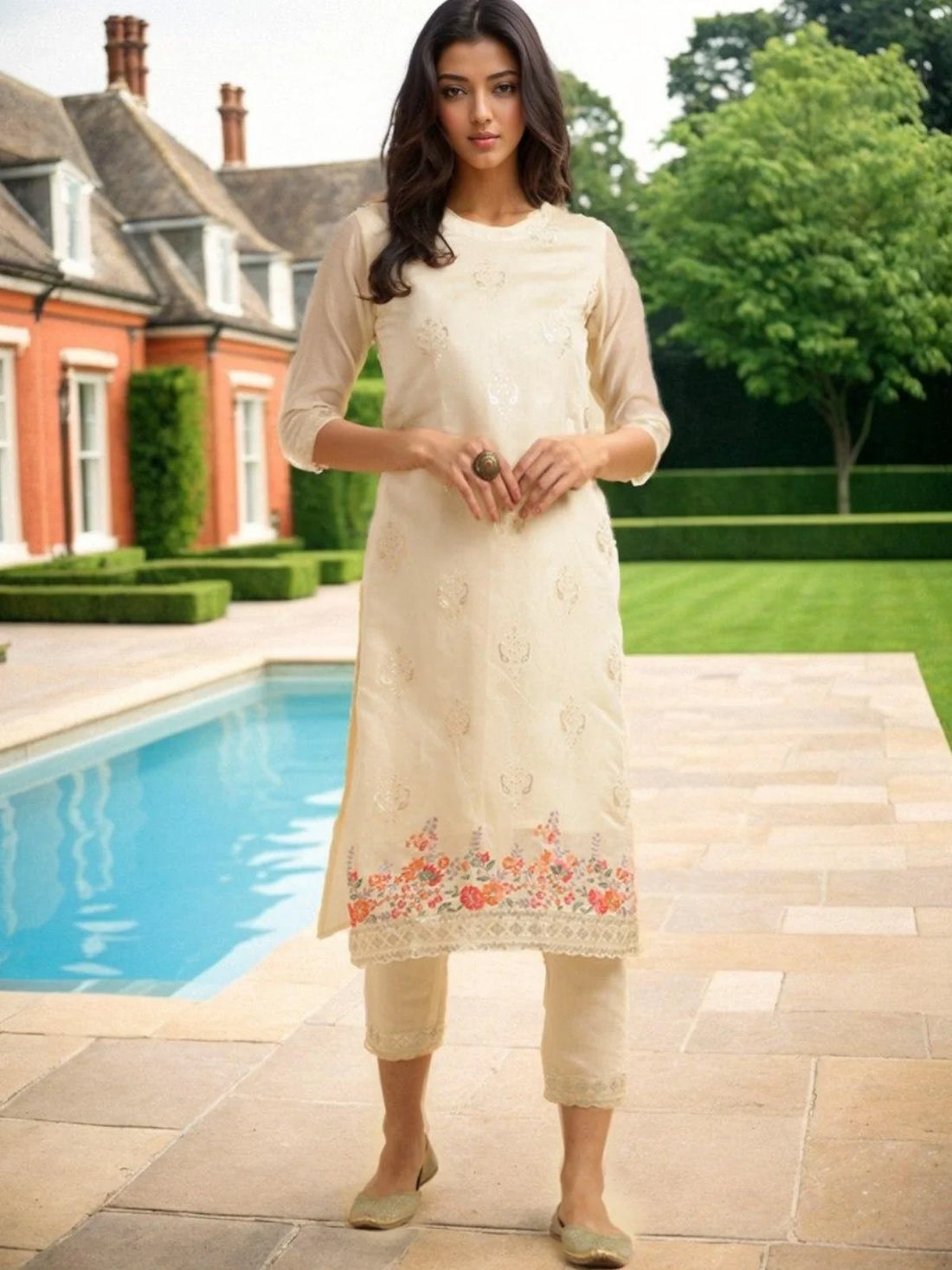 Buy Chanderi Embroidered Calf Length Straight Kurta With Pant-Off White