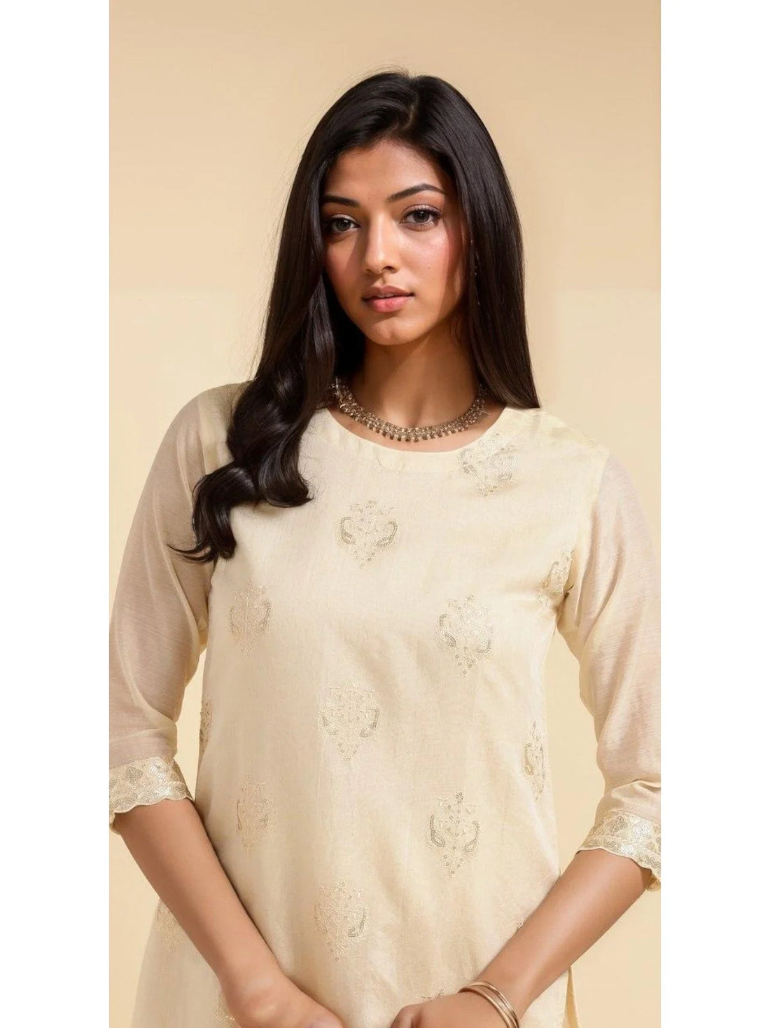 Buy Chanderi Embroidered Calf Length Straight Kurta With Pant-Off White