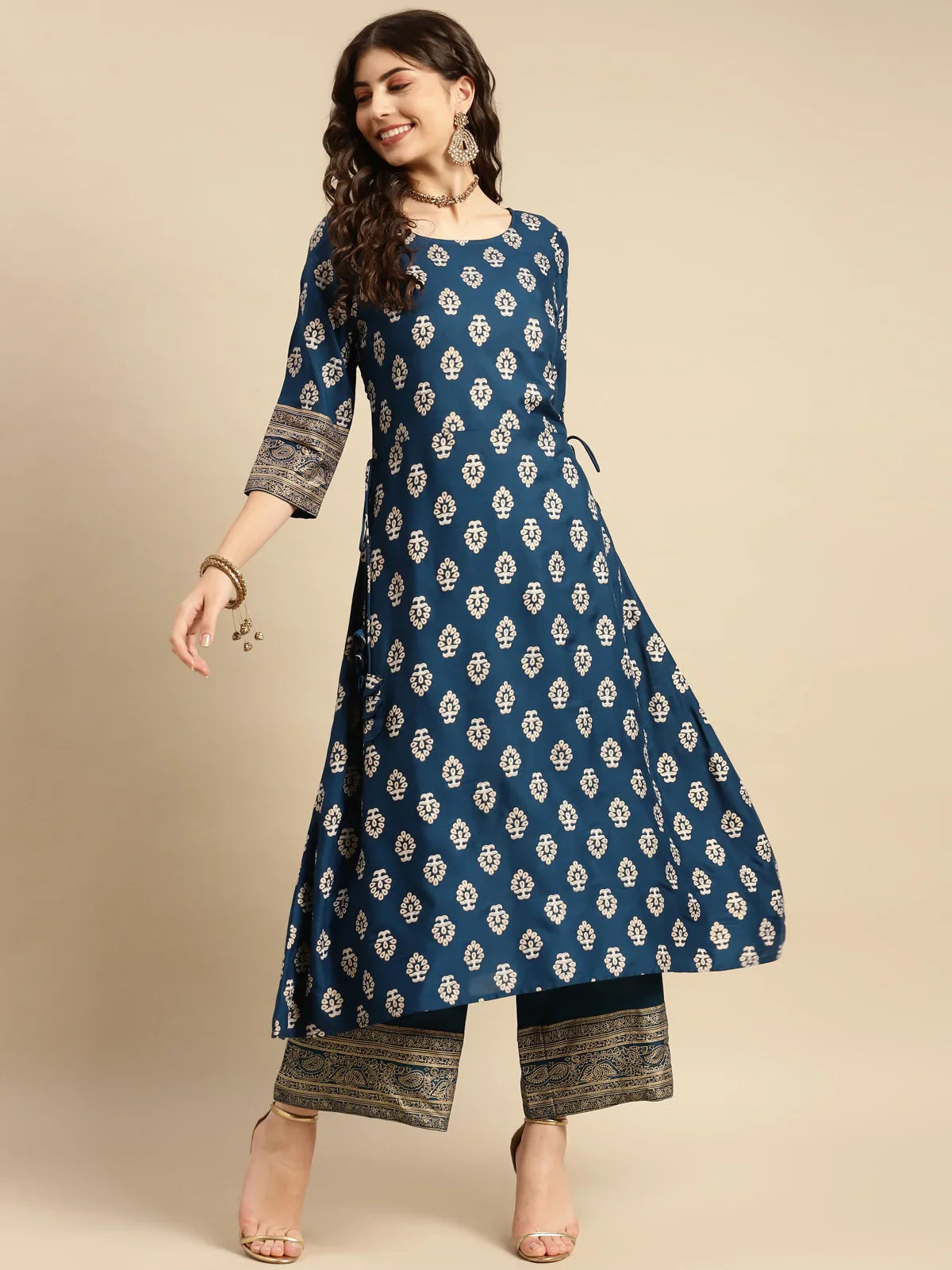 Buy Rayon Gold Printed Calf Length Partywear A-line Kurta With Palazzo-Navy Blue