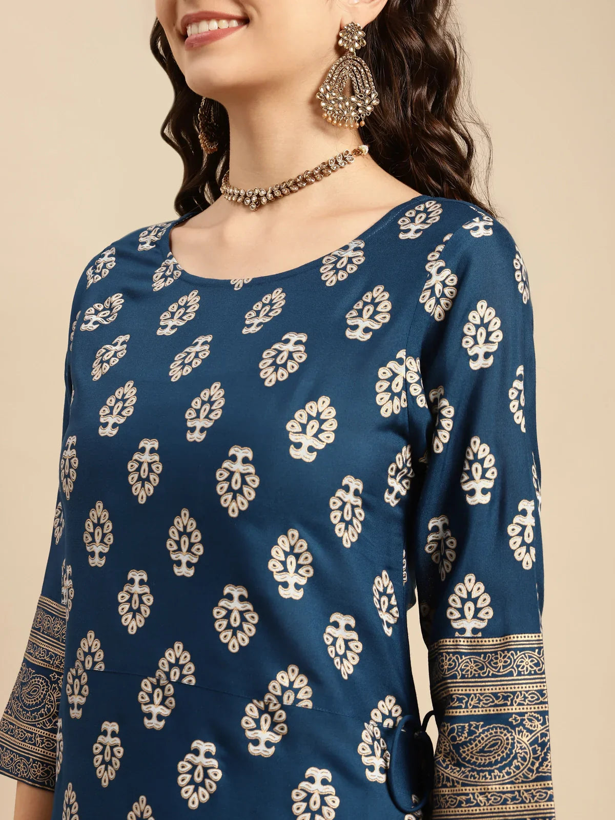 Buy Rayon Gold Printed Calf Length Partywear A-line Kurta With Palazzo-Navy Blue