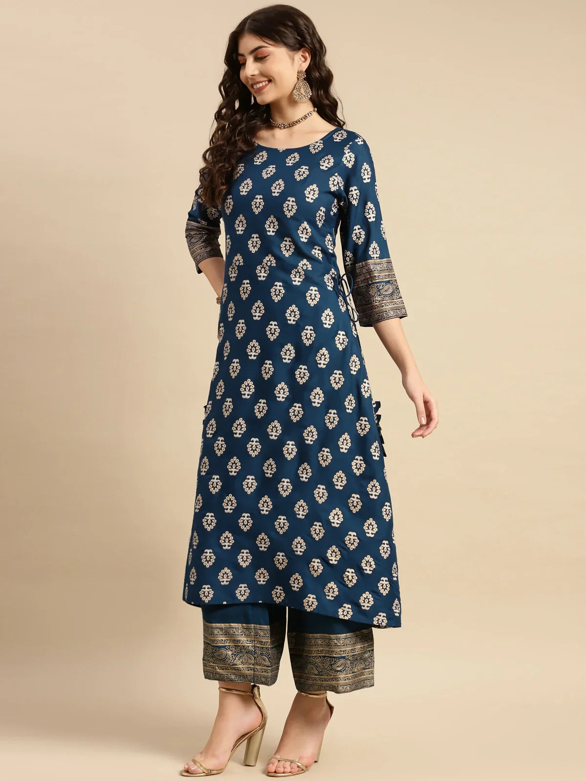 Buy Rayon Gold Printed Calf Length Partywear A-line Kurta With Palazzo-Navy Blue