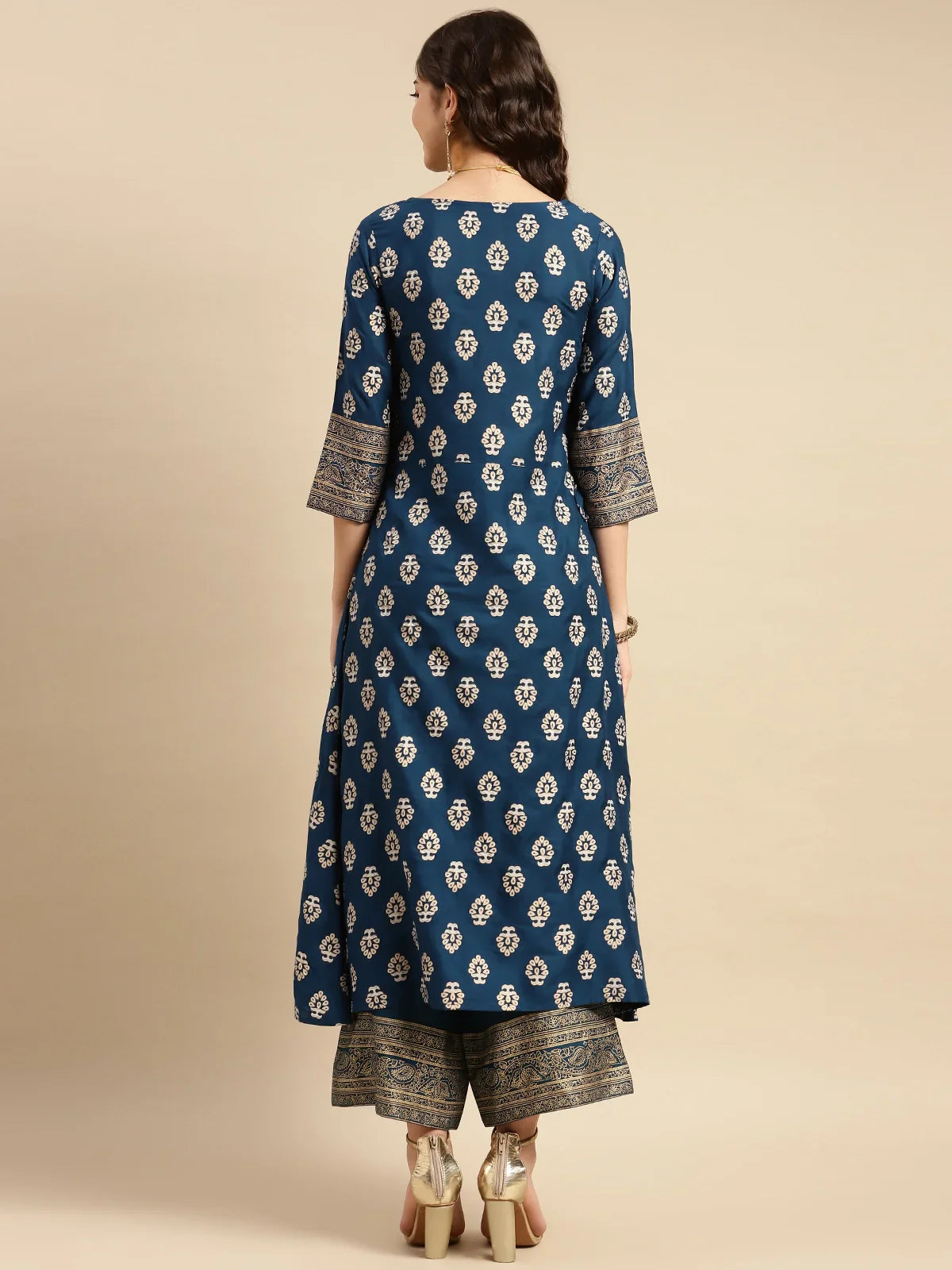 Buy Rayon Gold Printed Calf Length Partywear A-line Kurta With Palazzo-Navy Blue