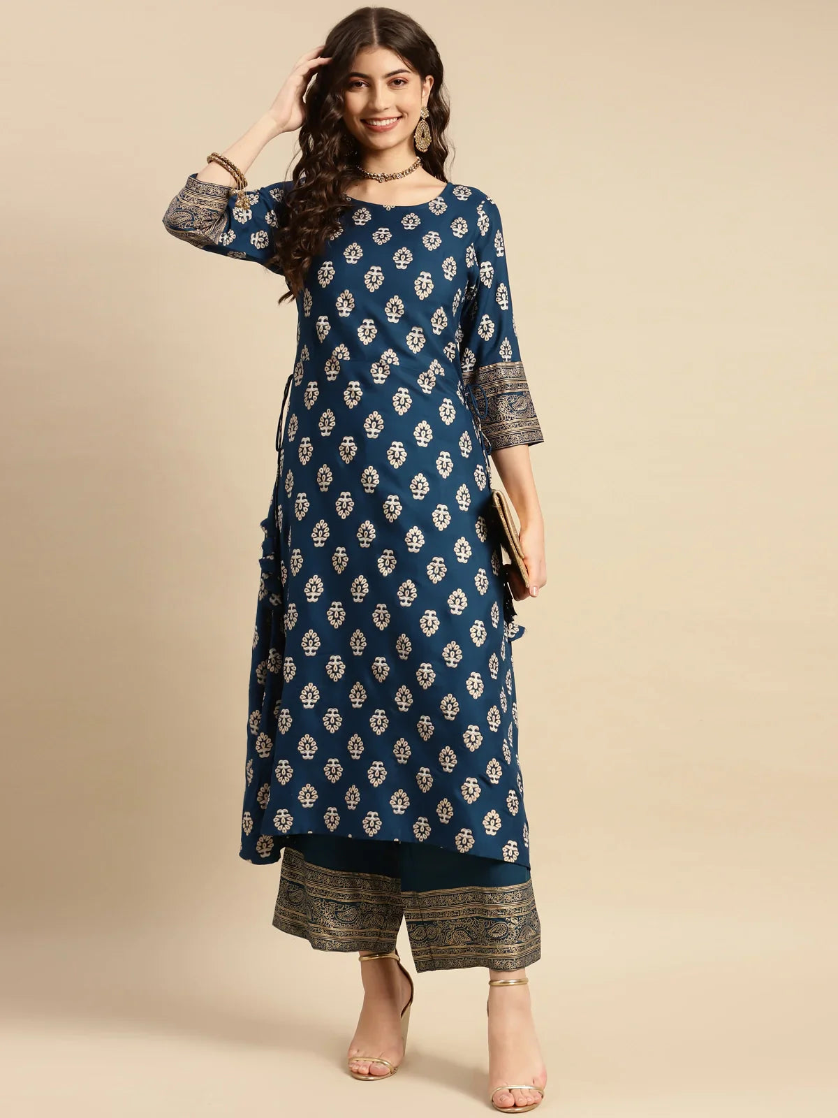 Buy Rayon Gold Printed Calf Length Partywear A-line Kurta With Palazzo-Navy Blue