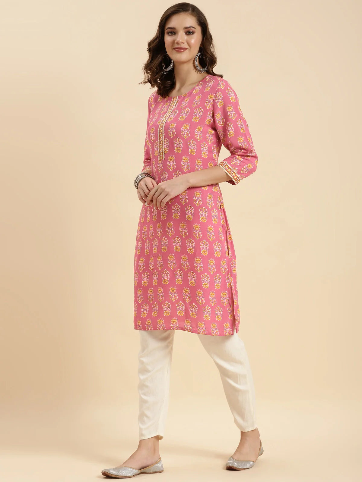 Buy Rayon Printed Knee Length Straight Kurta-Pink