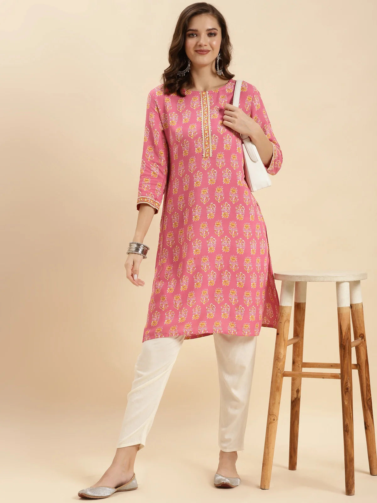 Buy Rayon Printed Knee Length Straight Kurta-Pink