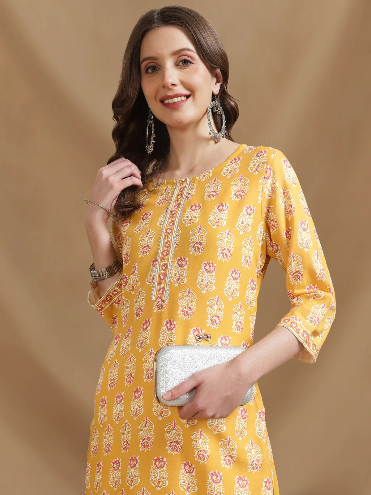 Buy Rayon Printed Knee Length Straight Kurta-Yellow