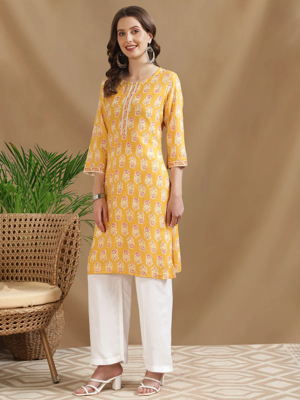 Buy Rayon Printed Knee Length Straight Kurta-Yellow