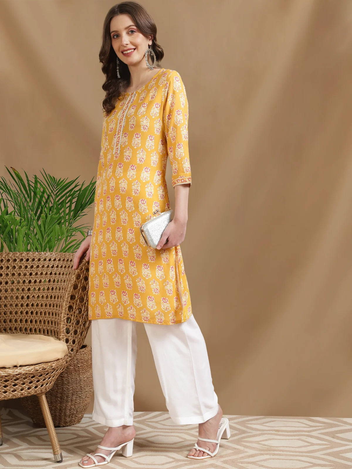 Buy Rayon Printed Knee Length Straight Kurta-Yellow