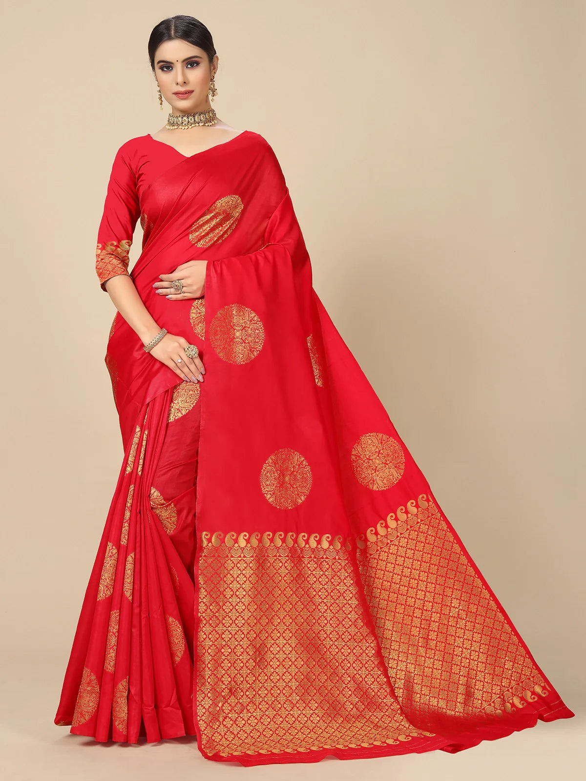 Buy Banarasi Silk Jacquard Saree With Blouse Piece-Red