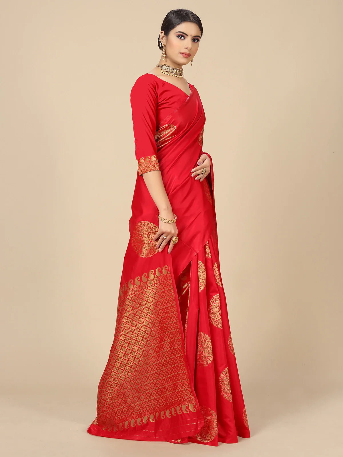 Buy Banarasi Silk Jacquard Saree With Blouse Piece-Red