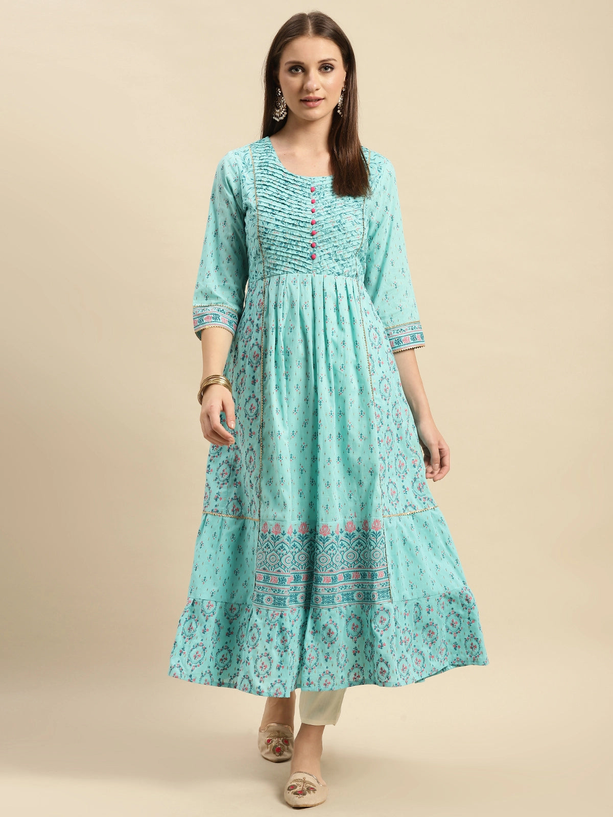 Buy 100% Cotton Floarl Printed Calf Length Anarkali-Light Blue