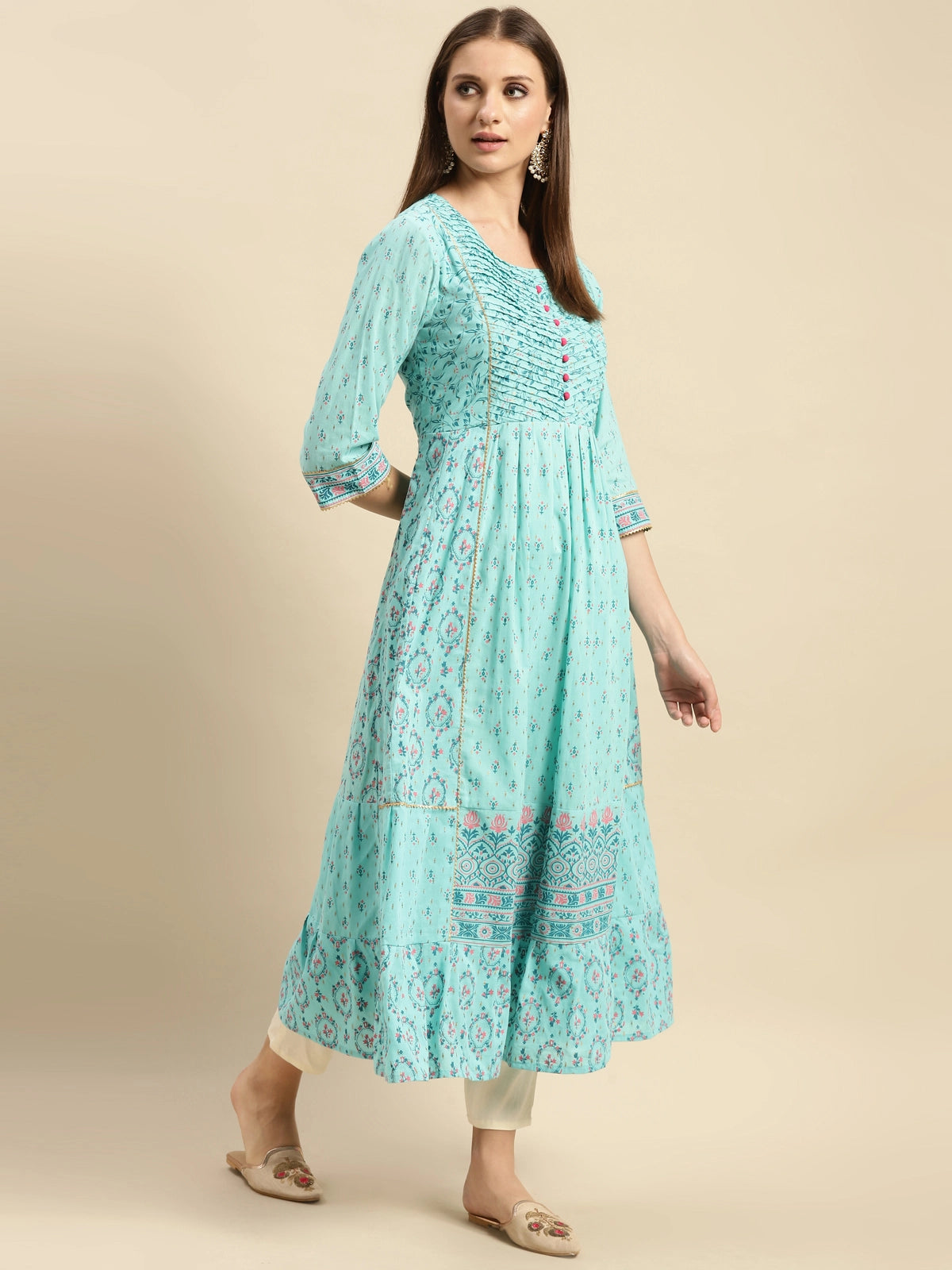 Buy 100% Cotton Floarl Printed Calf Length Anarkali-Light Blue