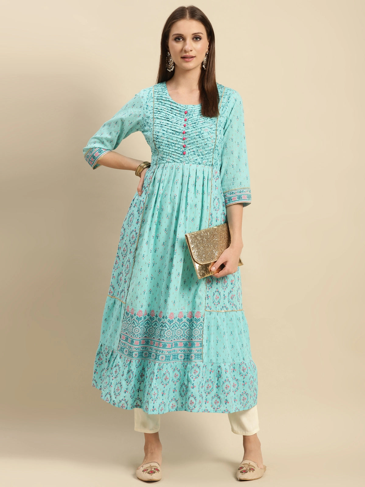 Buy 100% Cotton Floarl Printed Calf Length Anarkali-Light Blue