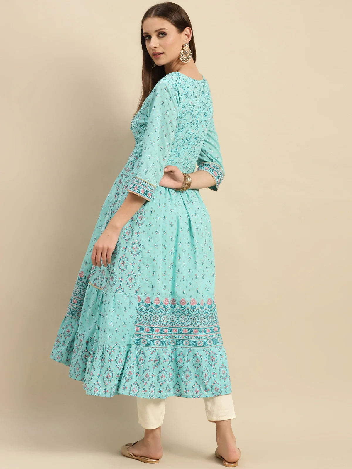 Buy 100% Cotton Floarl Printed Calf Length Anarkali-Light Blue