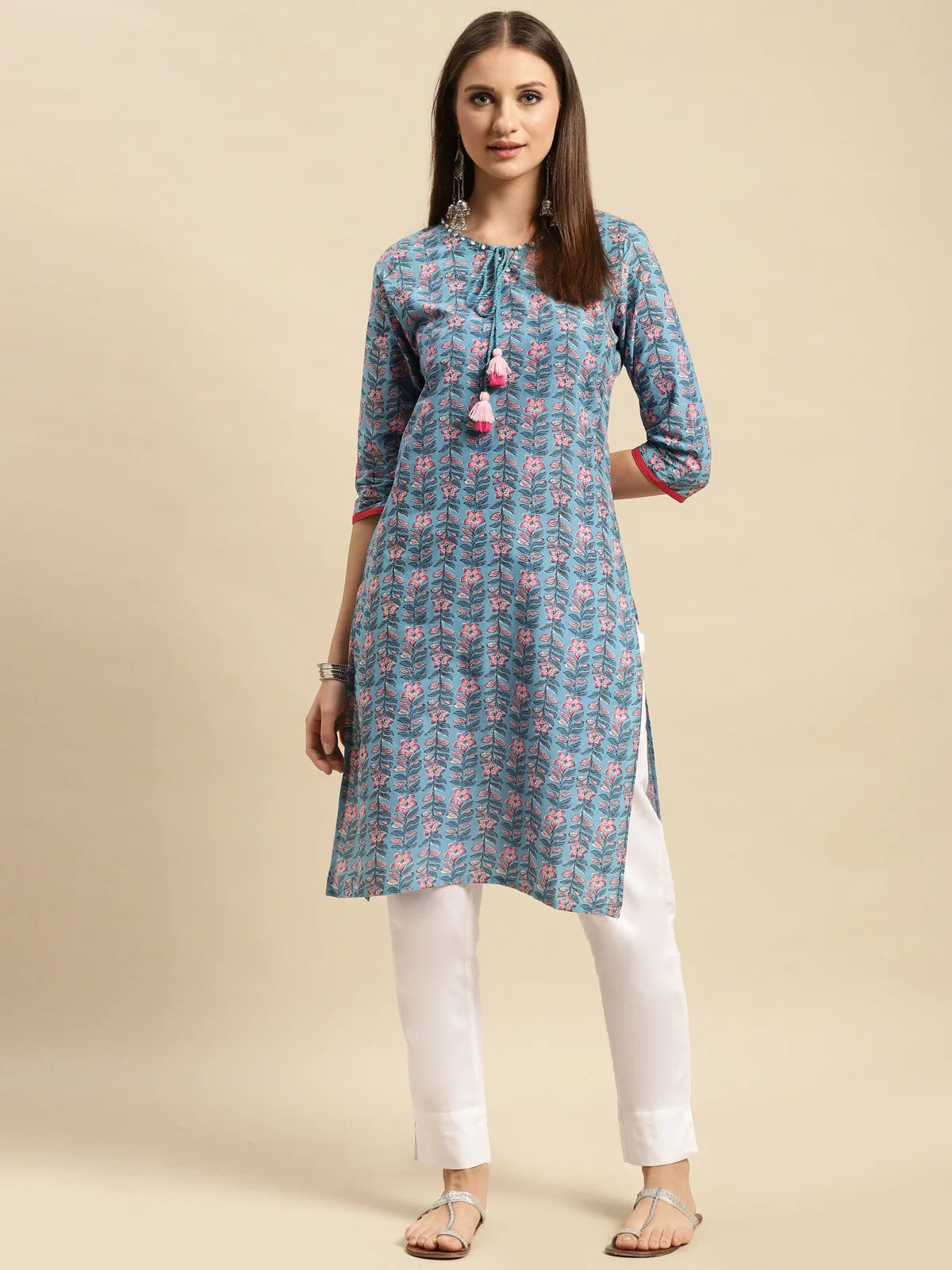 Buy 100% Cotton Floral Printed Knee Length Straight Kurta-Blue