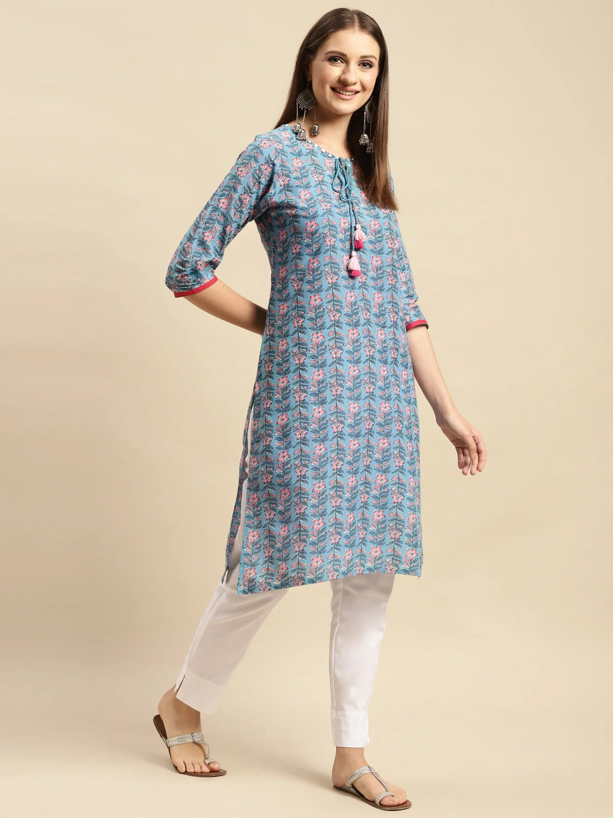 Buy 100% Cotton Floral Printed Knee Length Straight Kurta-Blue