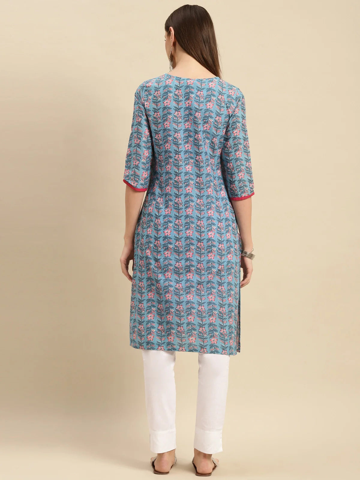 Buy 100% Cotton Floral Printed Knee Length Straight Kurta-Blue