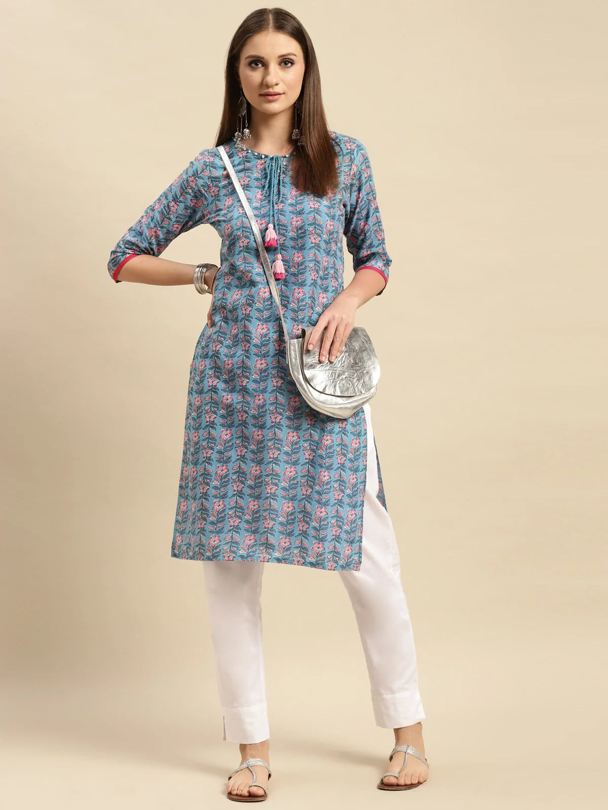 Buy 100% Cotton Floral Printed Knee Length Straight Kurta-Blue