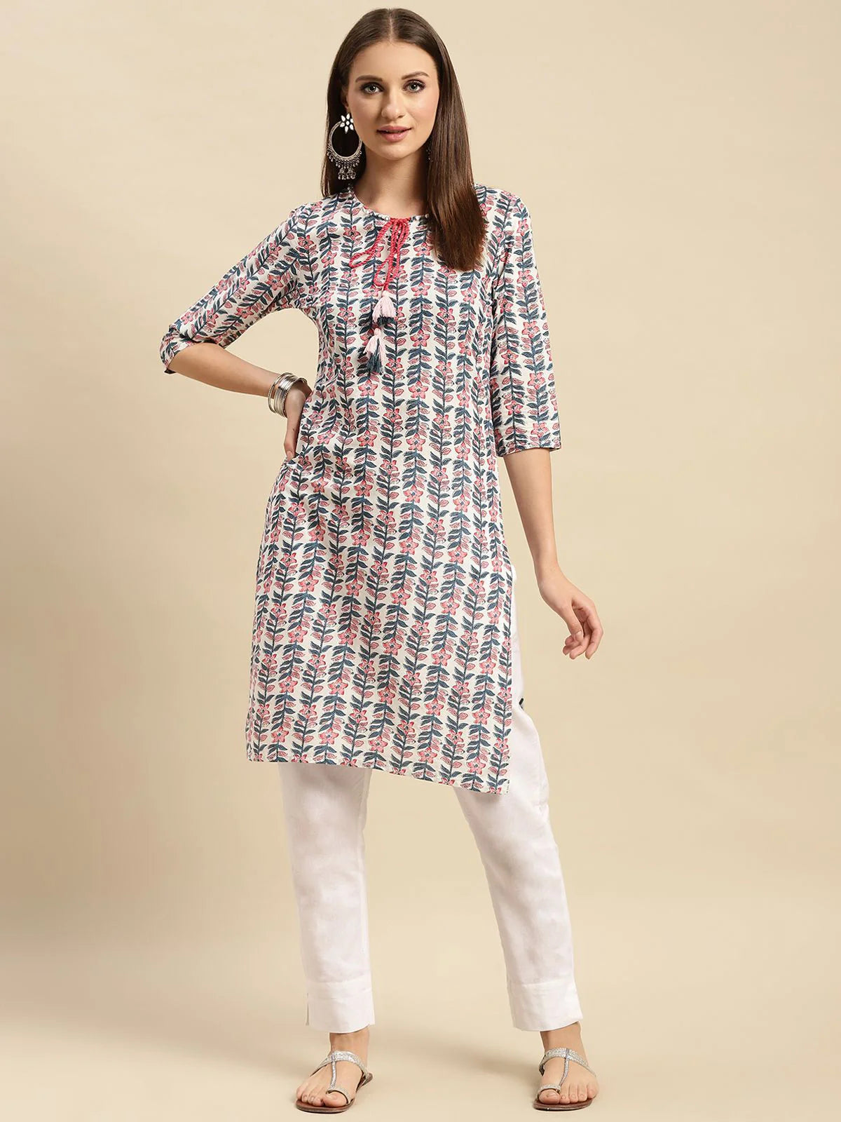 Buy 100% Cotton Floral Printed Knee Length Straight Kurta-White