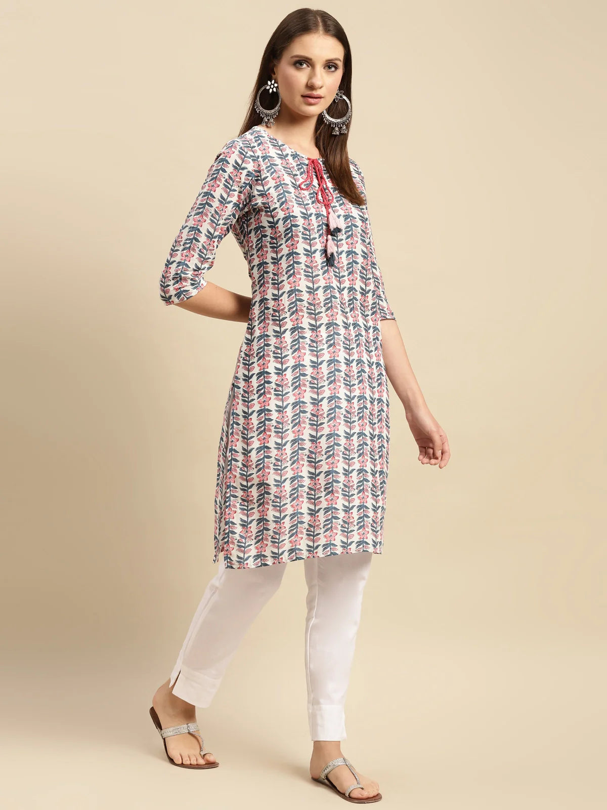 Buy 100% Cotton Floral Printed Knee Length Straight Kurta-White