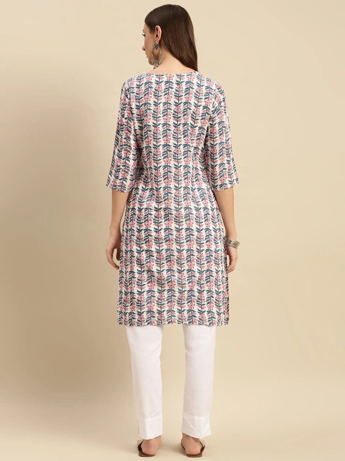 Buy 100% Cotton Floral Printed Knee Length Straight Kurta-White