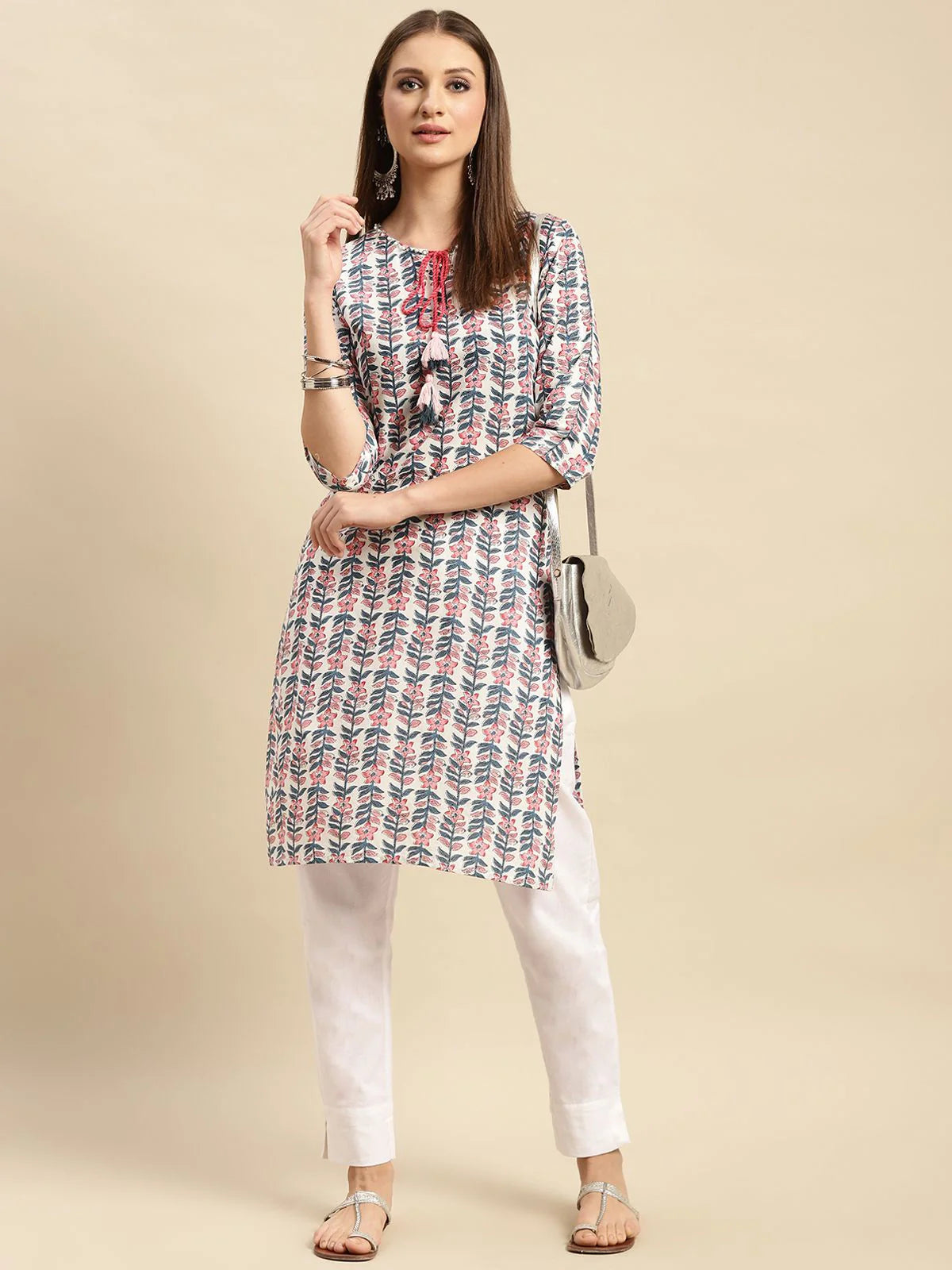 Buy 100% Cotton Floral Printed Knee Length Straight Kurta-White