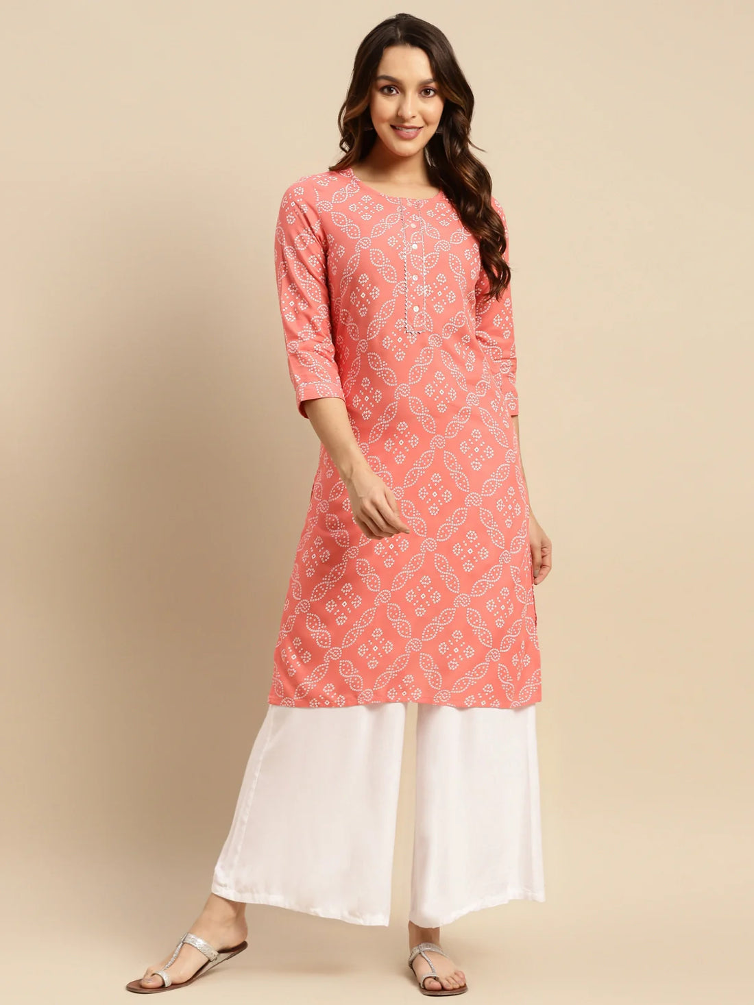 Buy Rayon Tonal Placket Bandhani Printed Knee Length Straight Kurta-Peach