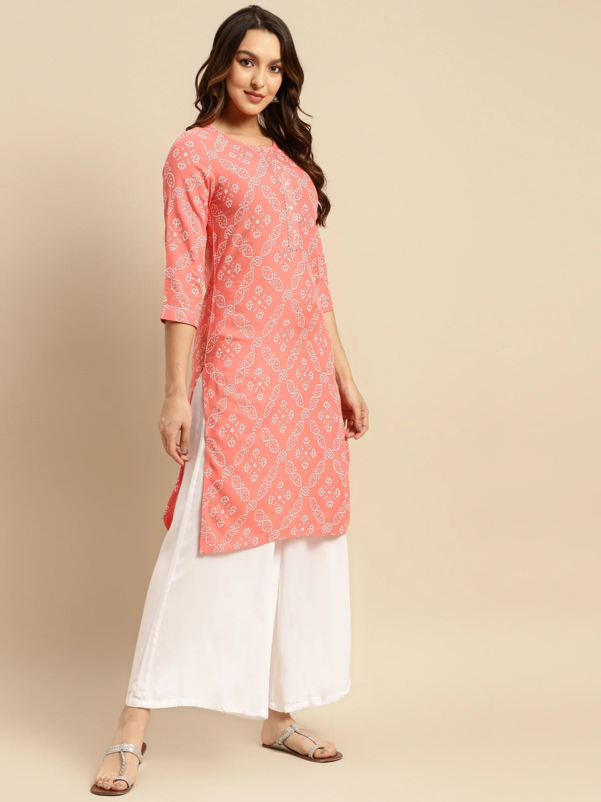 Buy Rayon Tonal Placket Bandhani Printed Knee Length Straight Kurta-Peach