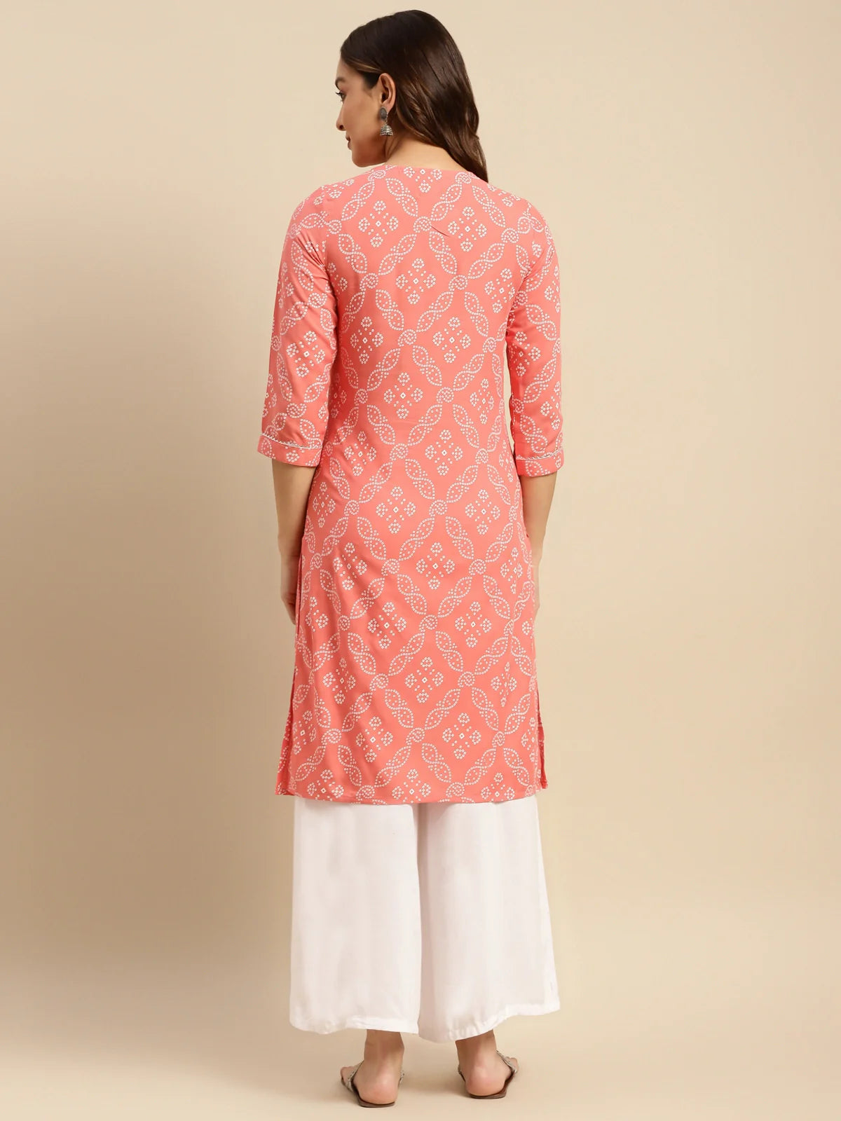 Buy Rayon Tonal Placket Bandhani Printed Knee Length Straight Kurta-Peach