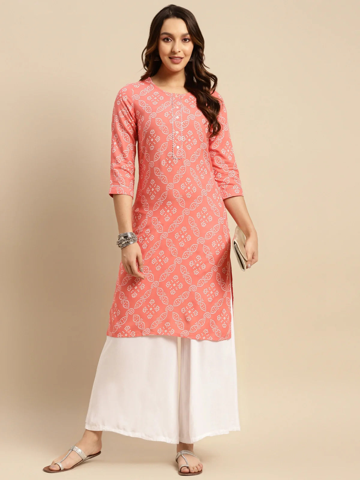 Buy Rayon Tonal Placket Bandhani Printed Knee Length Straight Kurta-Peach