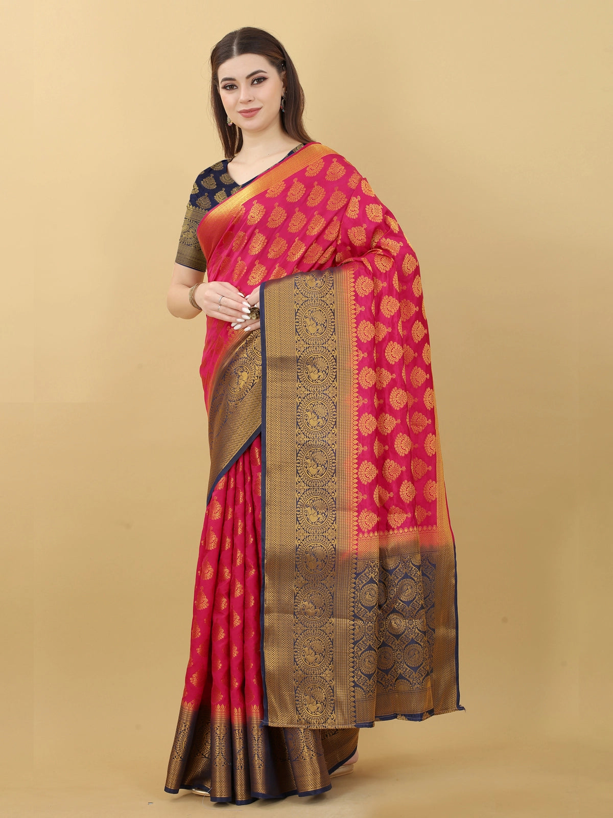 Buy Kanjivaram Silk Zari Work Saree With Blouse Piece-Pink