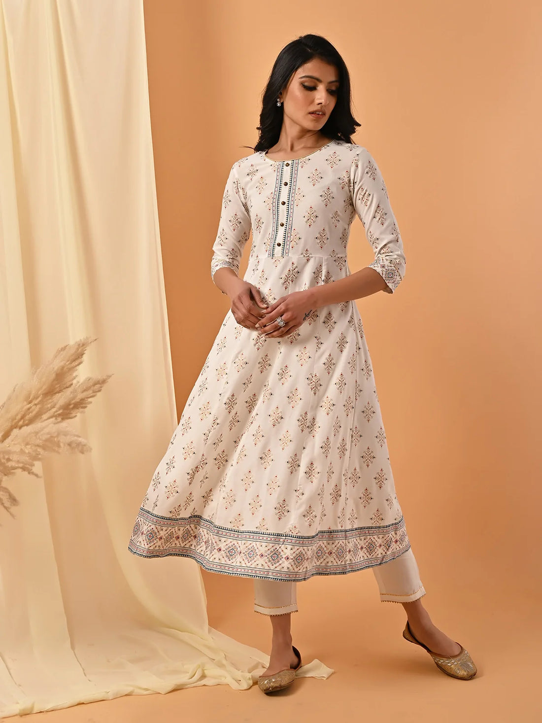 Buy Rayon Contrast Placket Ethnic Printed Calf Length Anarkali Kurta-Off White