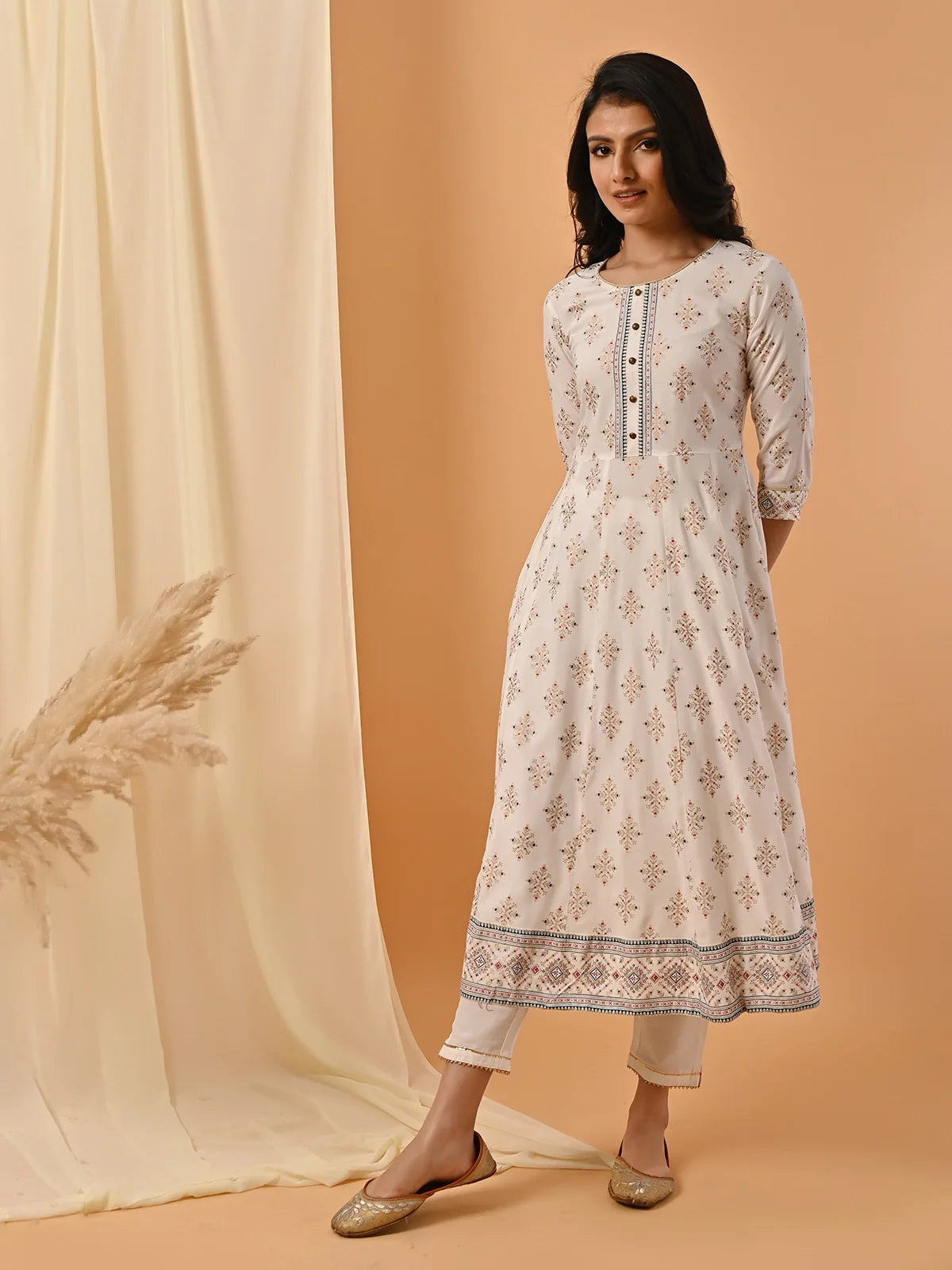 Buy Rayon Contrast Placket Ethnic Printed Calf Length Anarkali Kurta-Off White