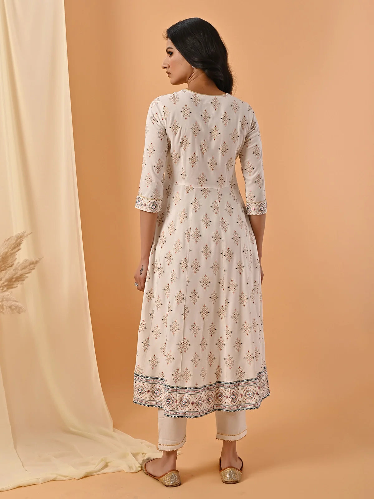 Buy Rayon Contrast Placket Ethnic Printed Calf Length Anarkali Kurta-Off White