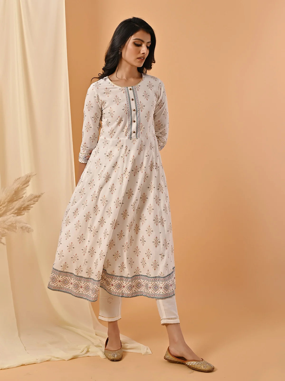 Buy Rayon Contrast Placket Ethnic Printed Calf Length Anarkali Kurta-Off White