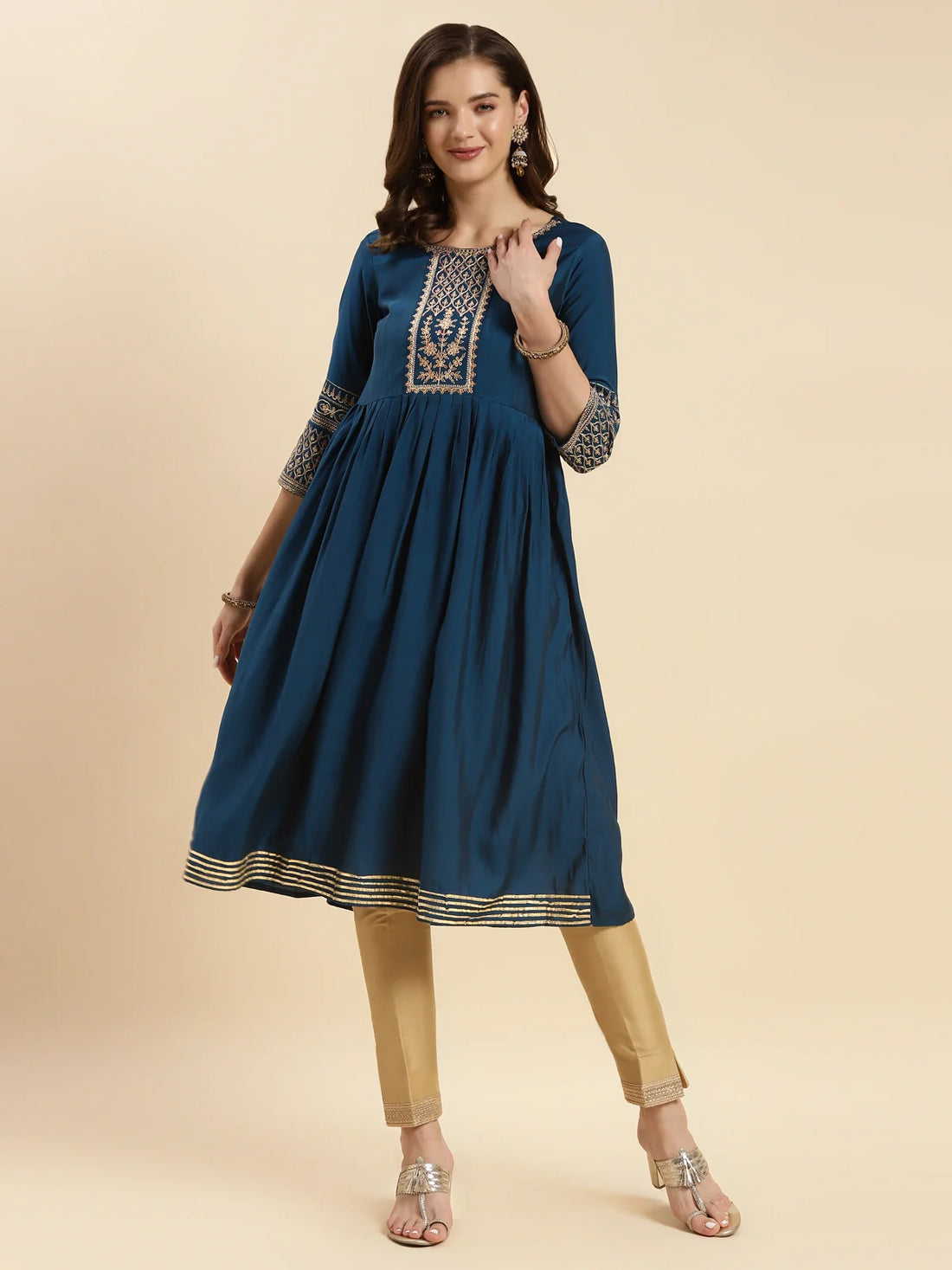 Buy Rayon Embroidered Knee Length Flared Kurta-Teal