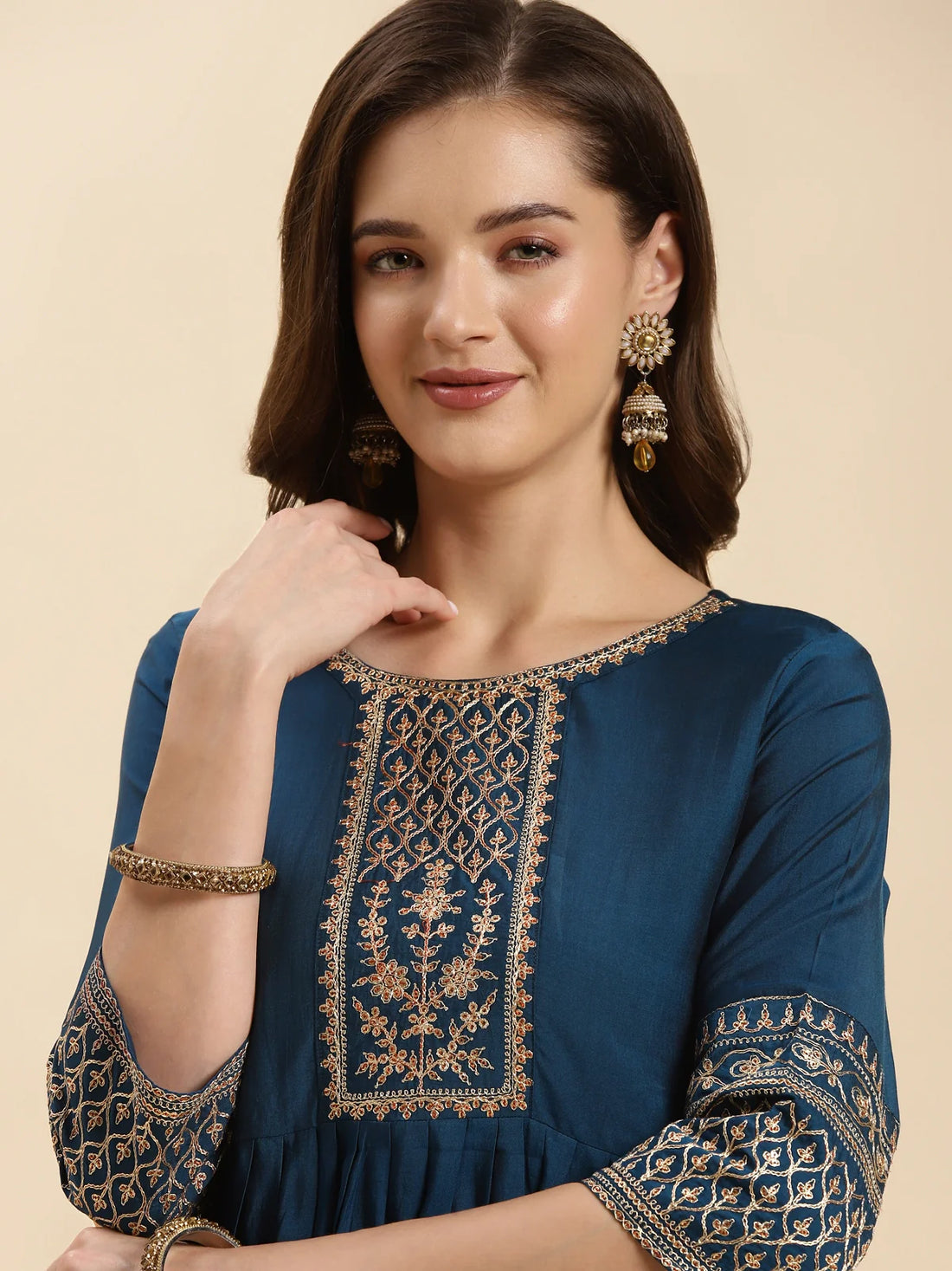 Buy Rayon Embroidered Knee Length Flared Kurta-Teal