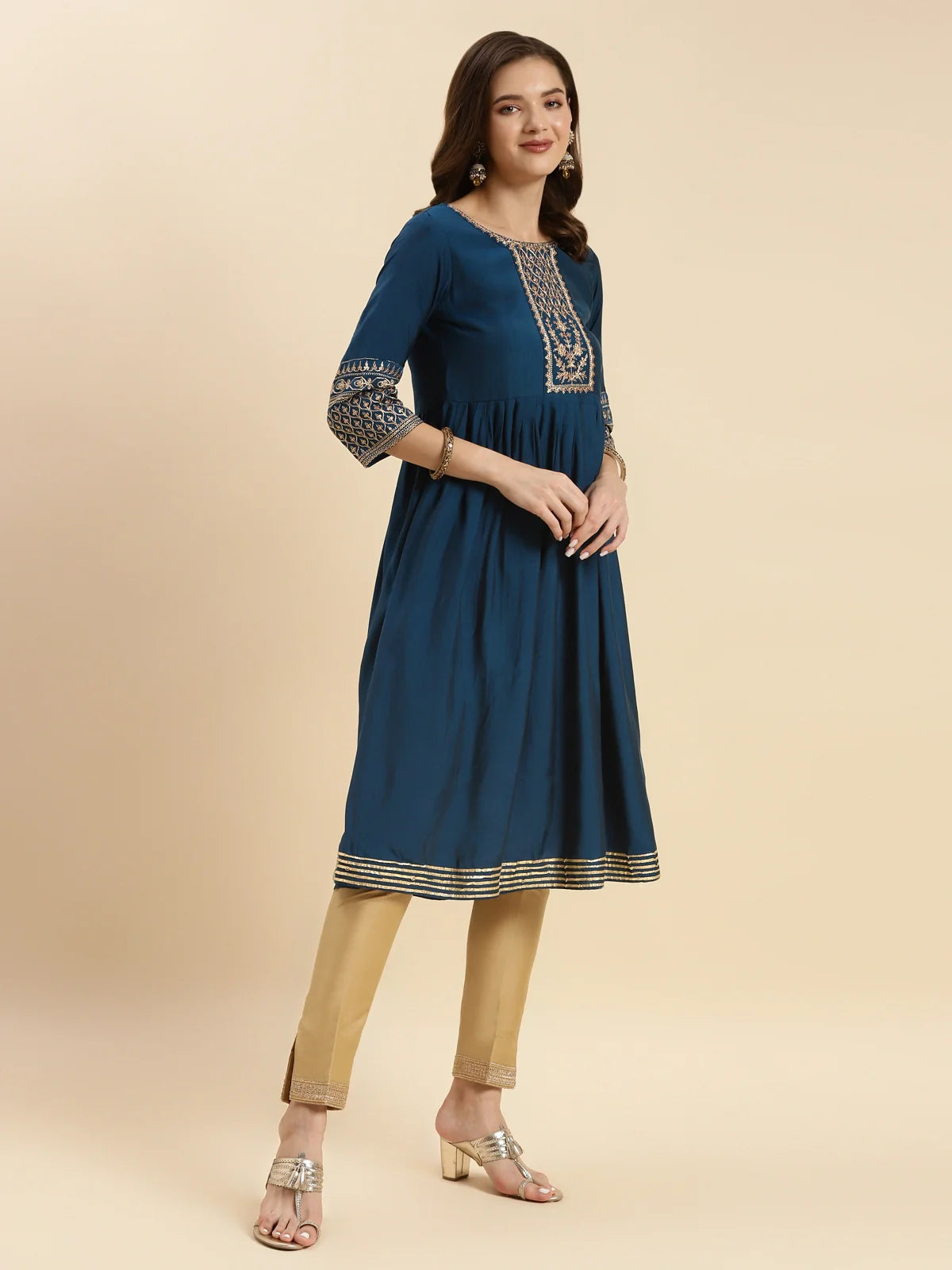 Buy Rayon Embroidered Knee Length Flared Kurta-Teal