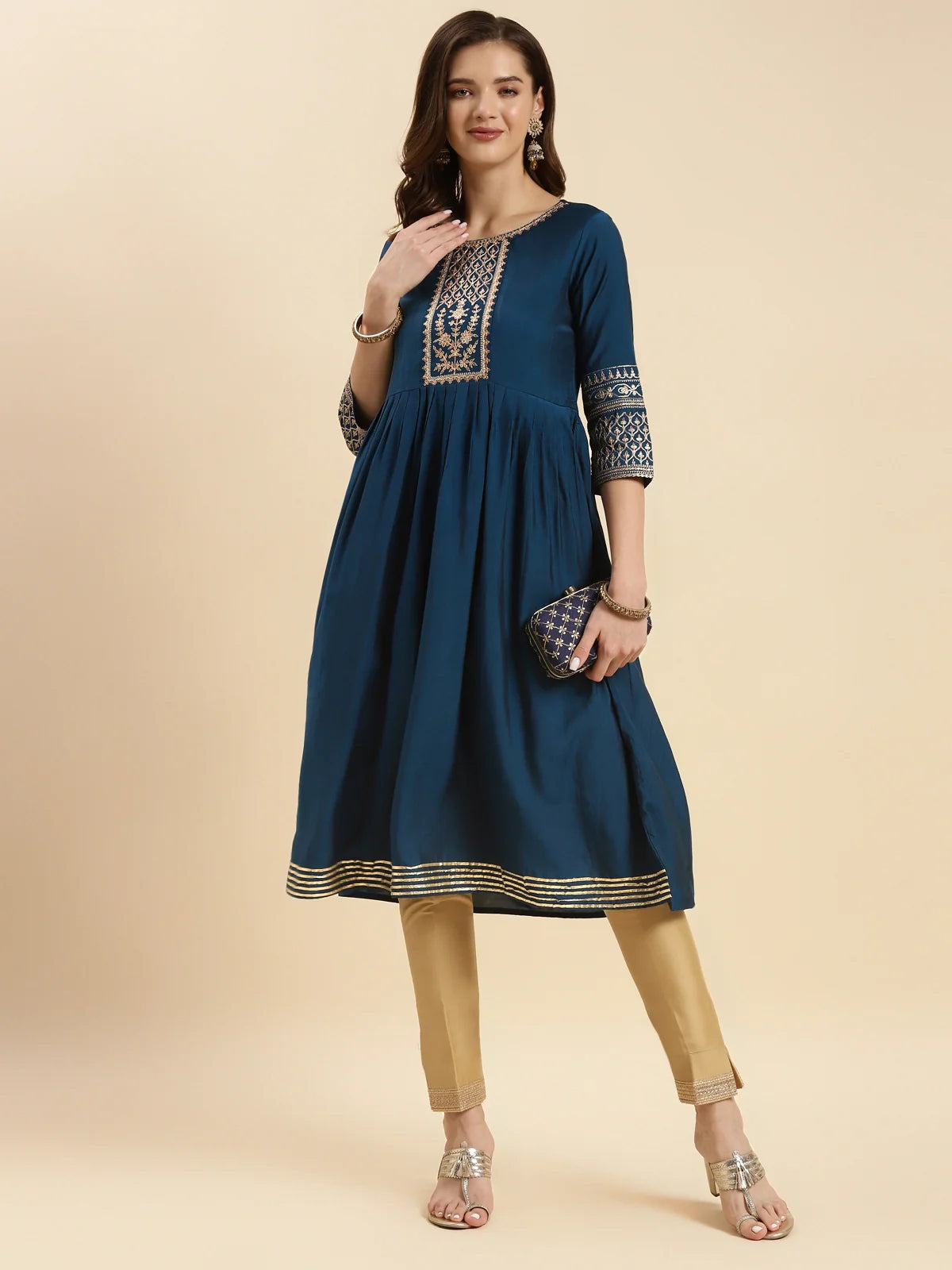 Buy Rayon Embroidered Knee Length Flared Kurta-Teal