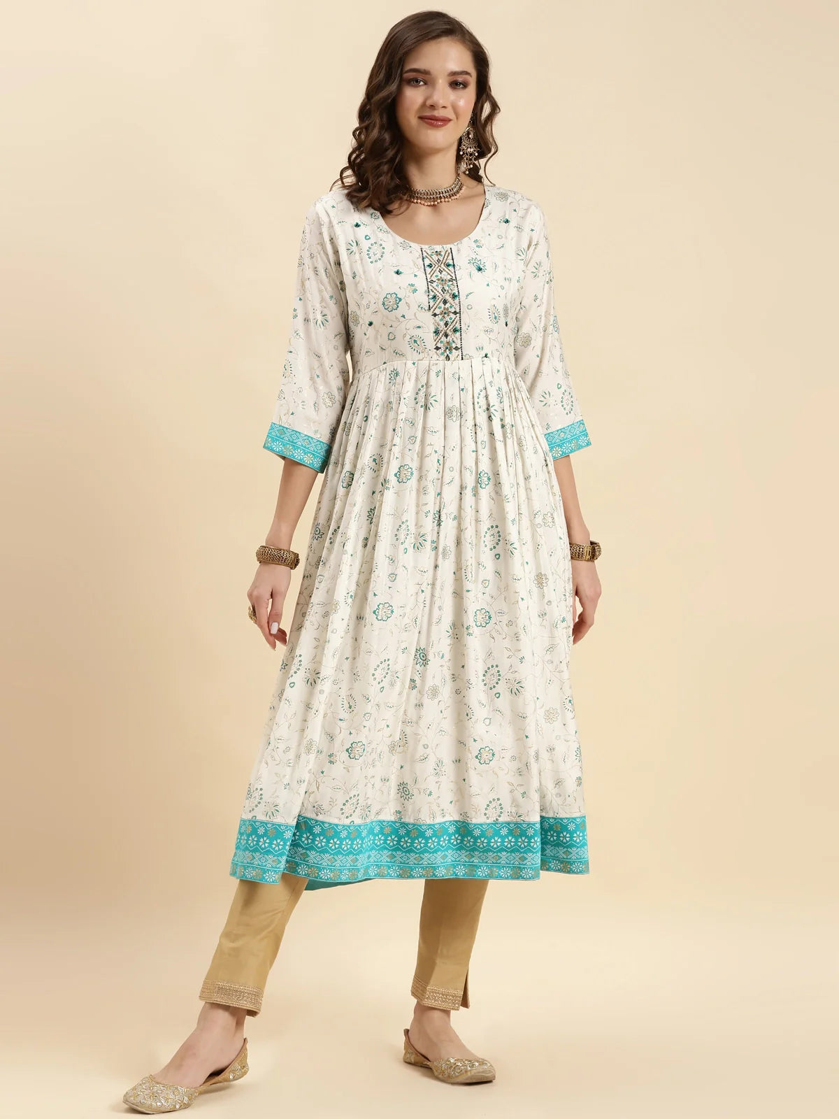 Buy Silk Embroidered Calf Length Anarkali Kurta-Off White