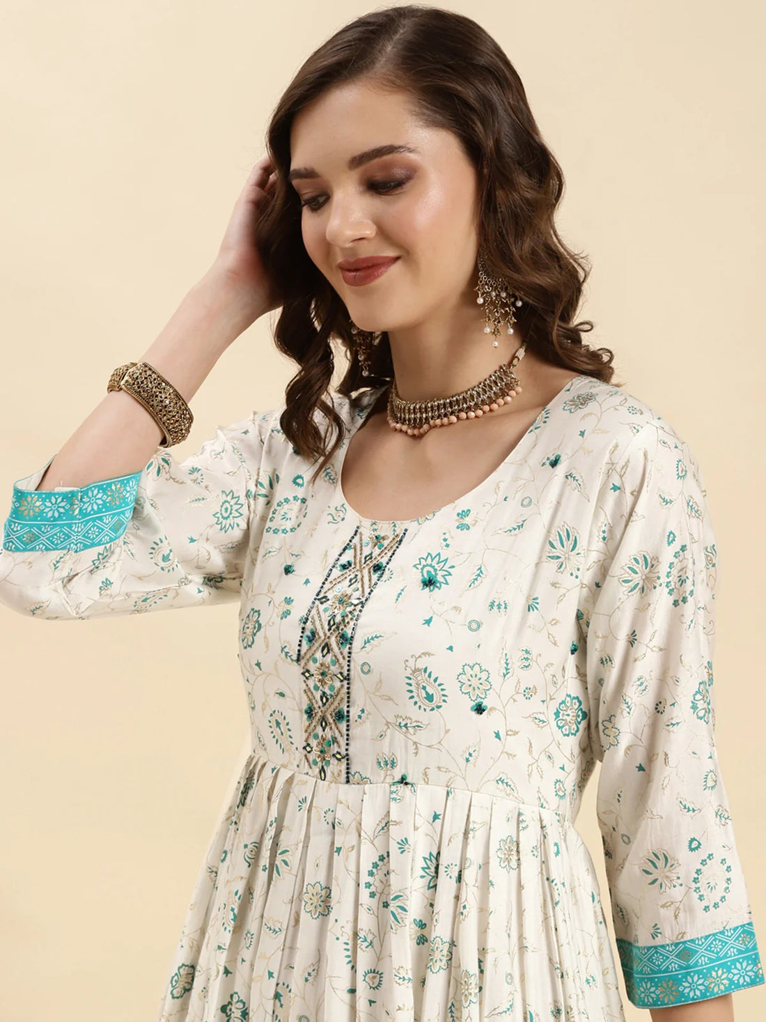 Buy Silk Embroidered Calf Length Anarkali Kurta-Off White