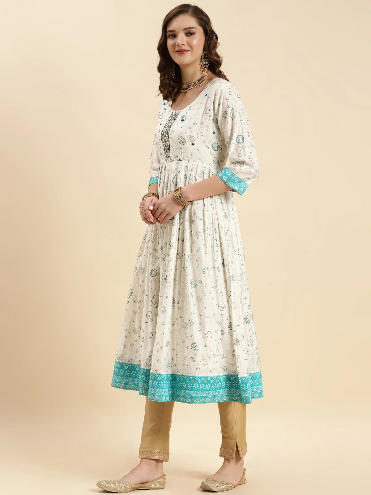 Buy Silk Embroidered Calf Length Anarkali Kurta-Off White