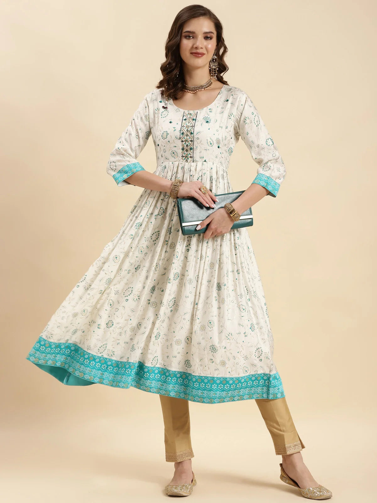 Buy Silk Embroidered Calf Length Anarkali Kurta-Off White