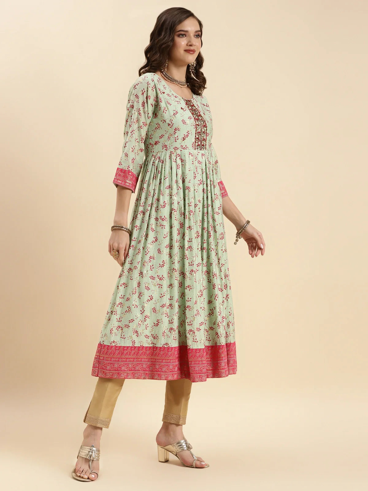 Buy Silk Embroidered Calf Length Anarkali Kurta-Off White