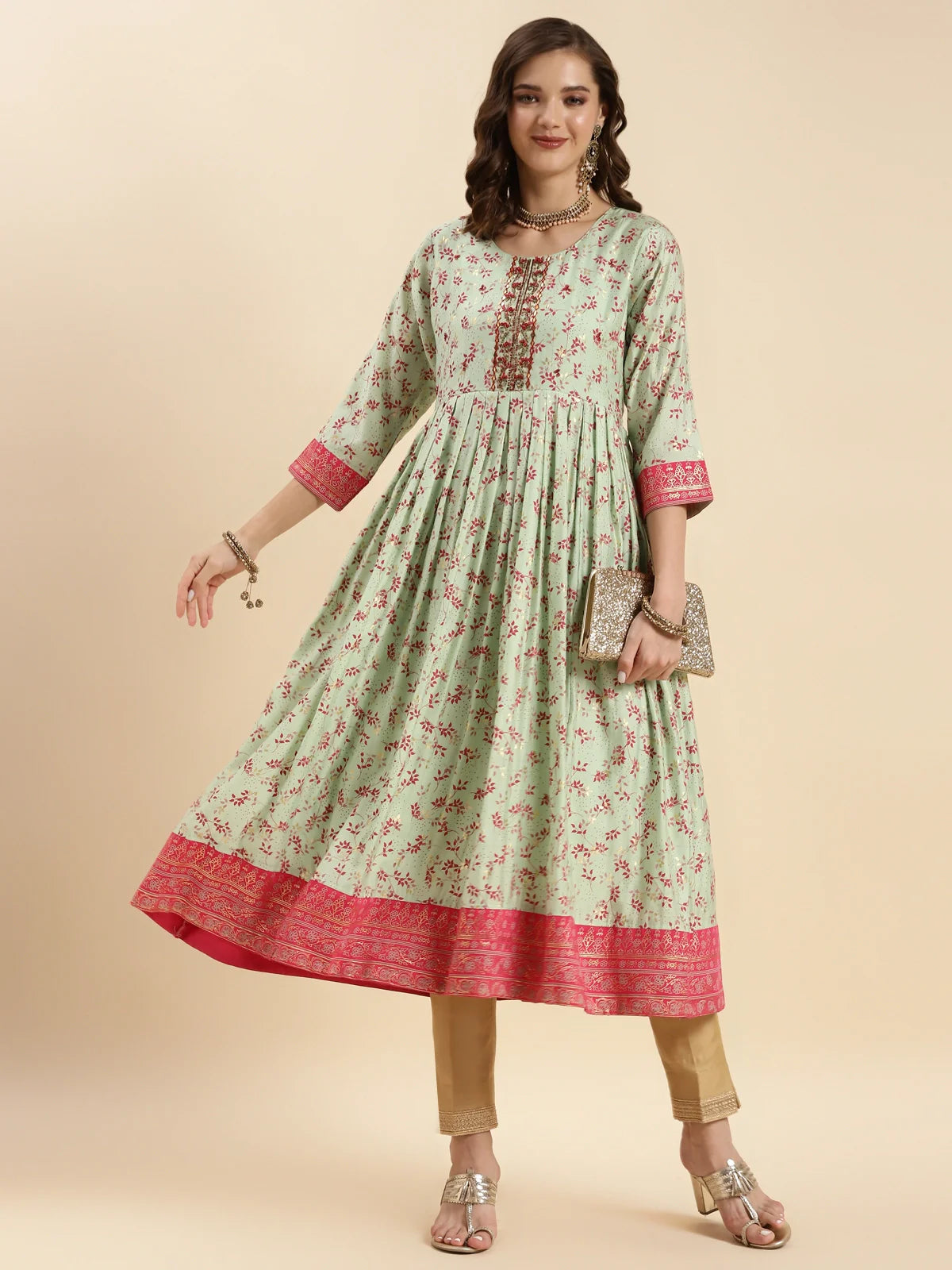 Buy Silk Embroidered Calf Length Anarkali Kurta-Off White