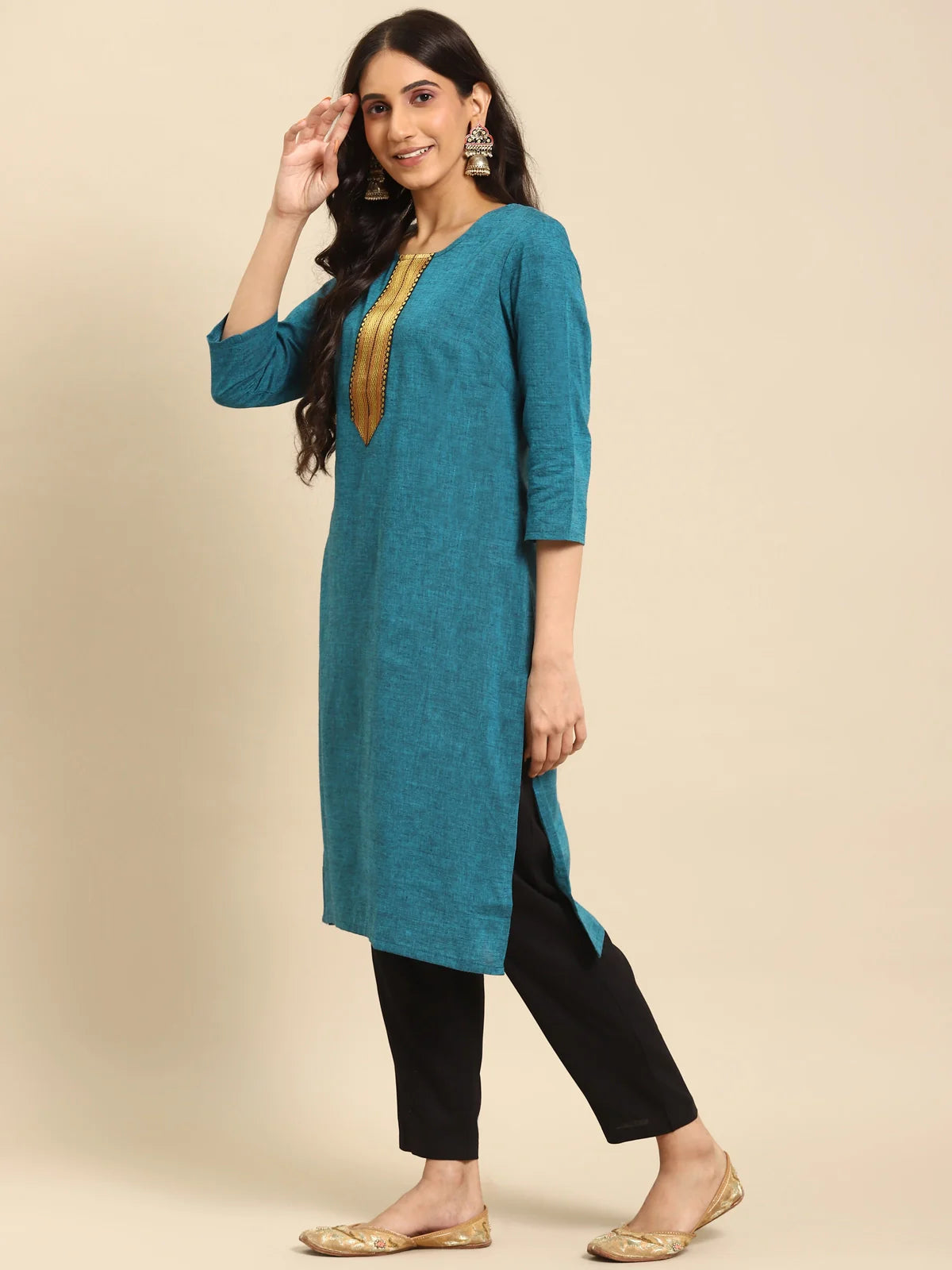 Buy 100% Cotton Zari Tape Placket Knee Length Straight Kurta-Blue