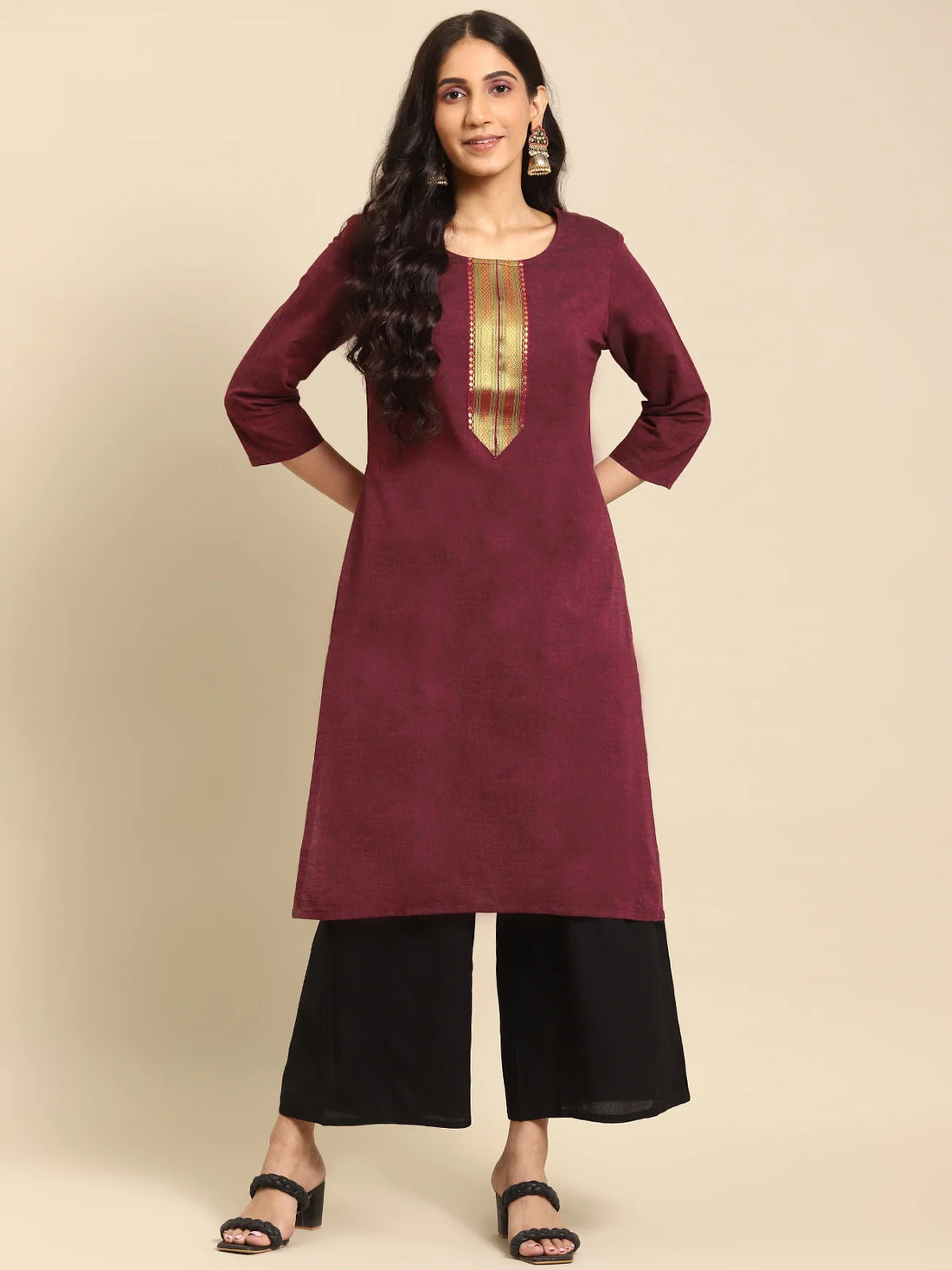 Buy 100% Cotton Zari Tape Placket Knee Length Straight Kurta-Maroon