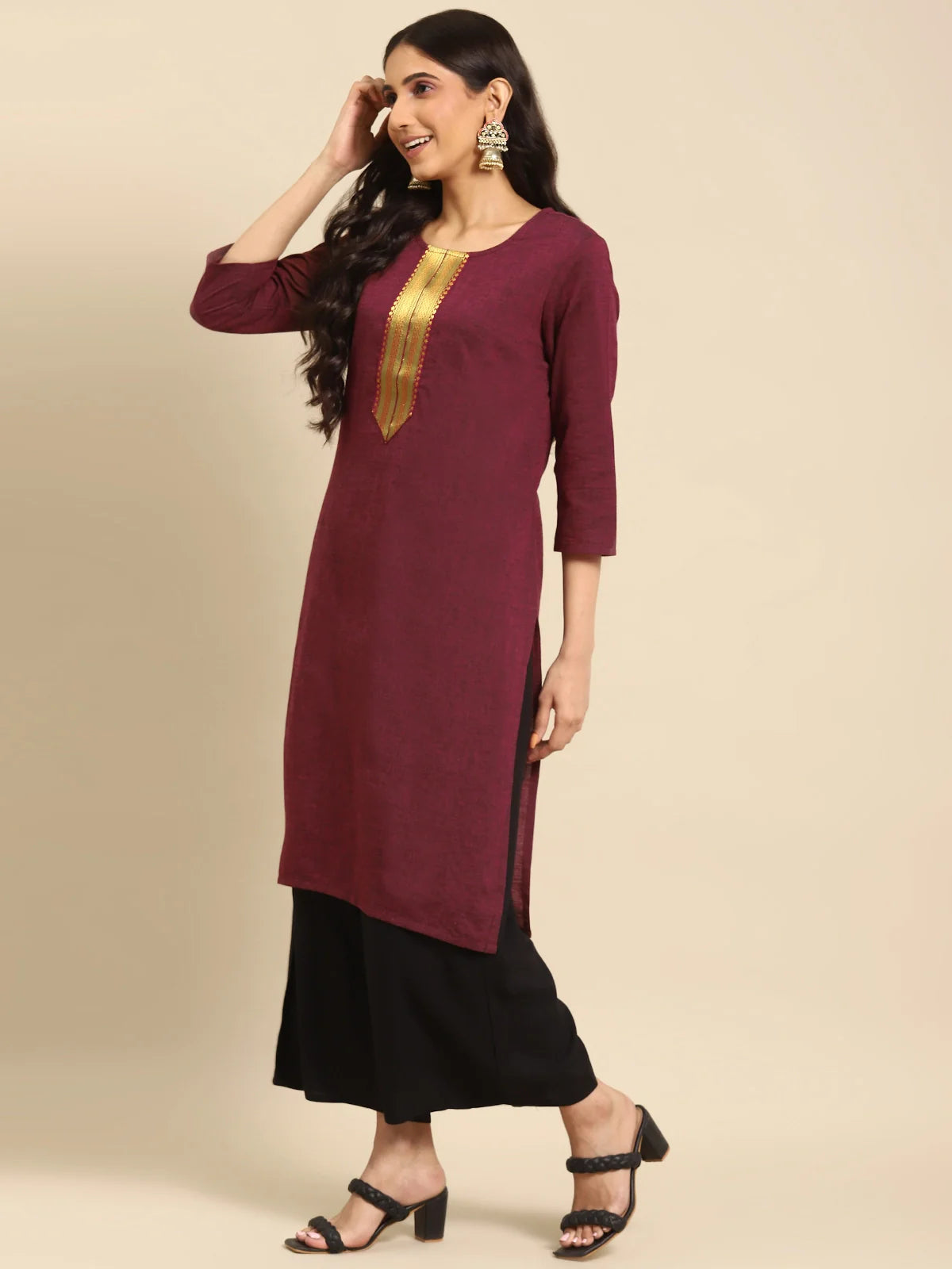 Buy 100% Cotton Zari Tape Placket Knee Length Straight Kurta-Maroon