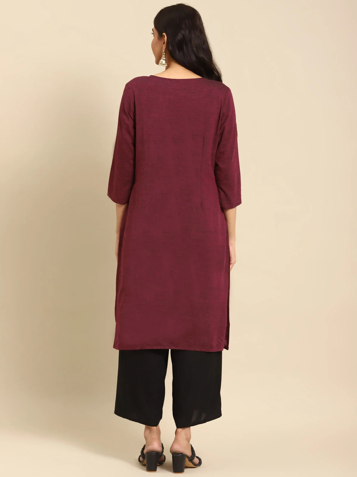 Buy 100% Cotton Zari Tape Placket Knee Length Straight Kurta-Maroon