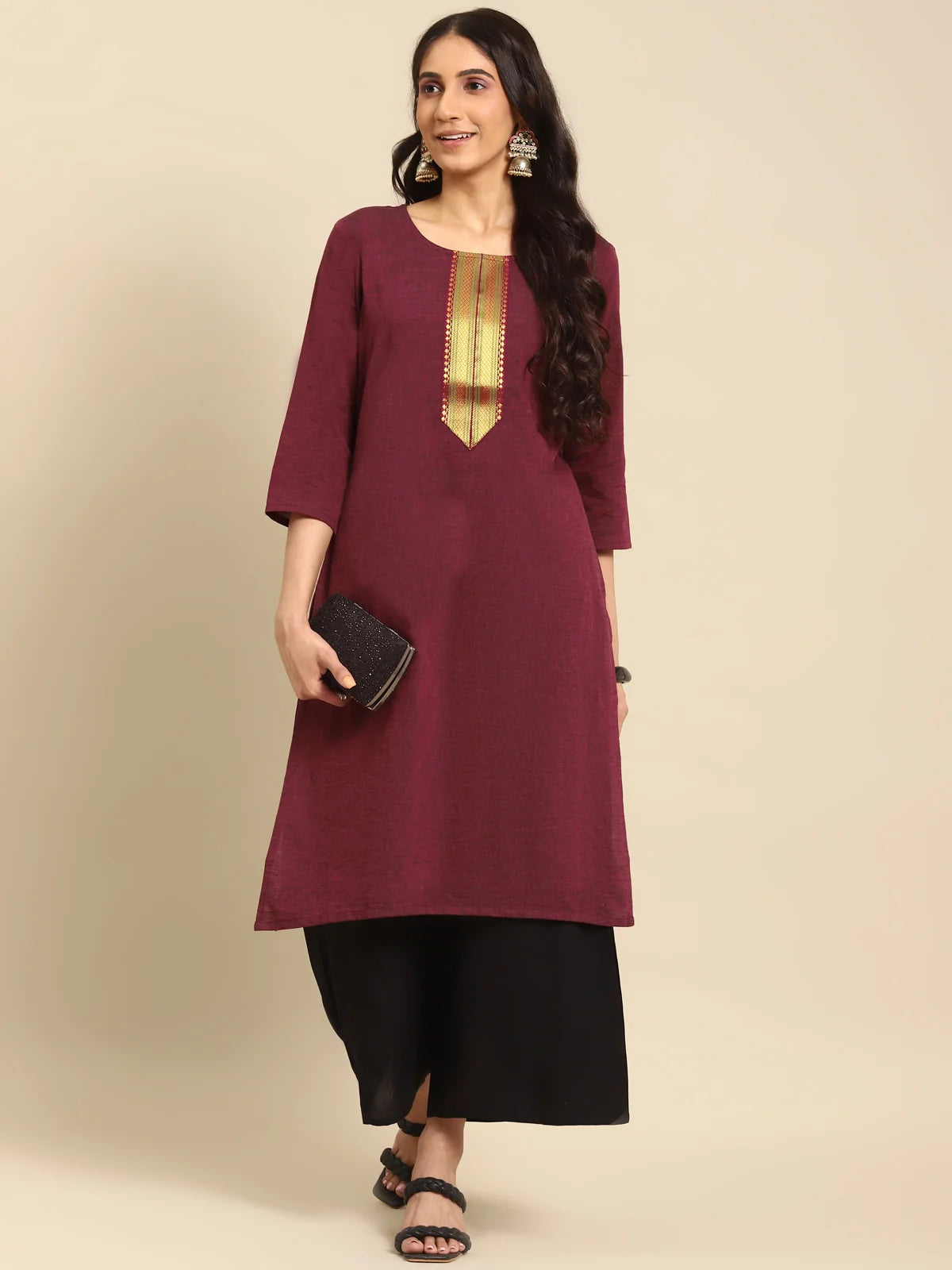 Buy 100% Cotton Zari Tape Placket Knee Length Straight Kurta-Maroon